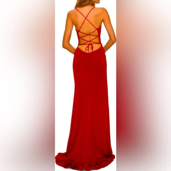 La Femme Jovanni 28294 Lace-up Open Back Ruffle High-Low Dress Size 6